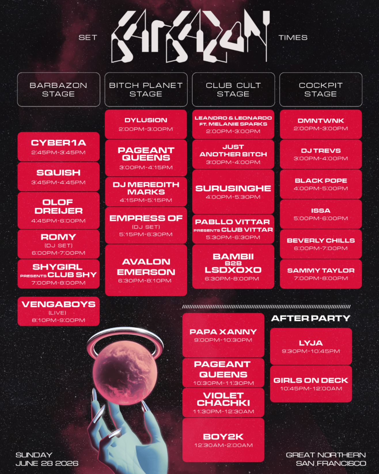 Barbazon set times graphic with all stage schedules and afterparty set times